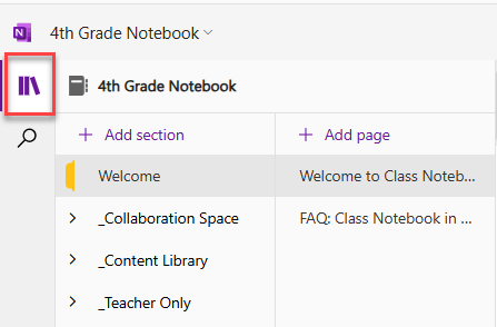 Screenshot of navigation button in OneNote.