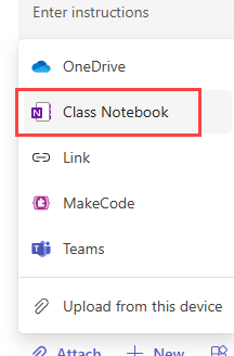Screenshot of the attach OneNote Class Notebook button.