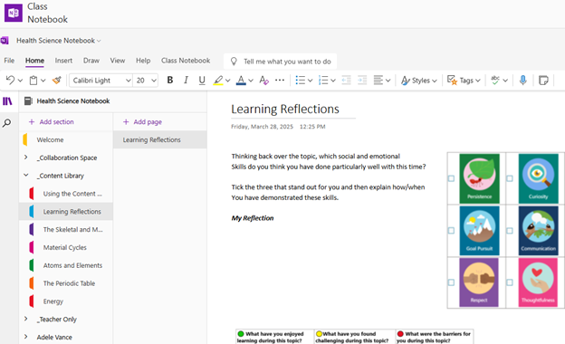 Screenshot of a OneNote Class Notebook learning page. The page contains a learning reflection activity for students to evaluate how they felt about their learning topic and the social and emotional learning skills they demonstrated.