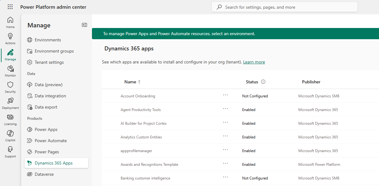 Screenshot of the new tenant view in Microsoft Power Platform admin center.