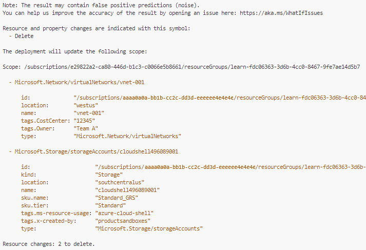 Screenshot of the Azure CLI showing the output from the deployment confirm operation.