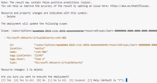 Screenshot of Azure PowerShell showing the output from the deployment confirm operation.