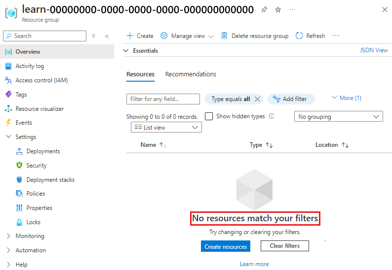 Screenshot of the Azure portal interface for the complete deployment, with the virtual network resource no longer listed.