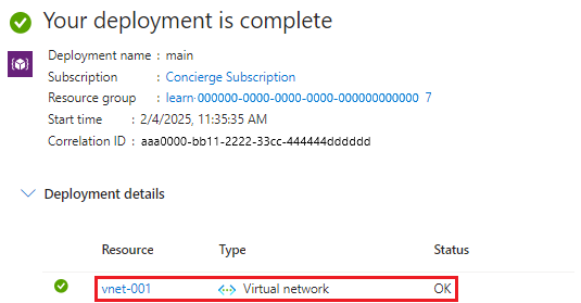 Screenshot of the Azure portal interface for the specific deployment, with one virtual network resource listed.