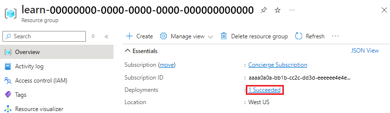 Screenshot of the Azure portal interface for the deployments, with the one deployment listed and a succeeded status.