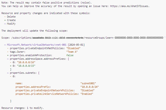 Screenshot of Azure PowerShell showing the output from the what-if operation.
