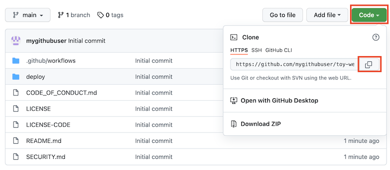 Screenshot of the GitHub interface showing the new repository, with the repository U R L copy button highlighted.