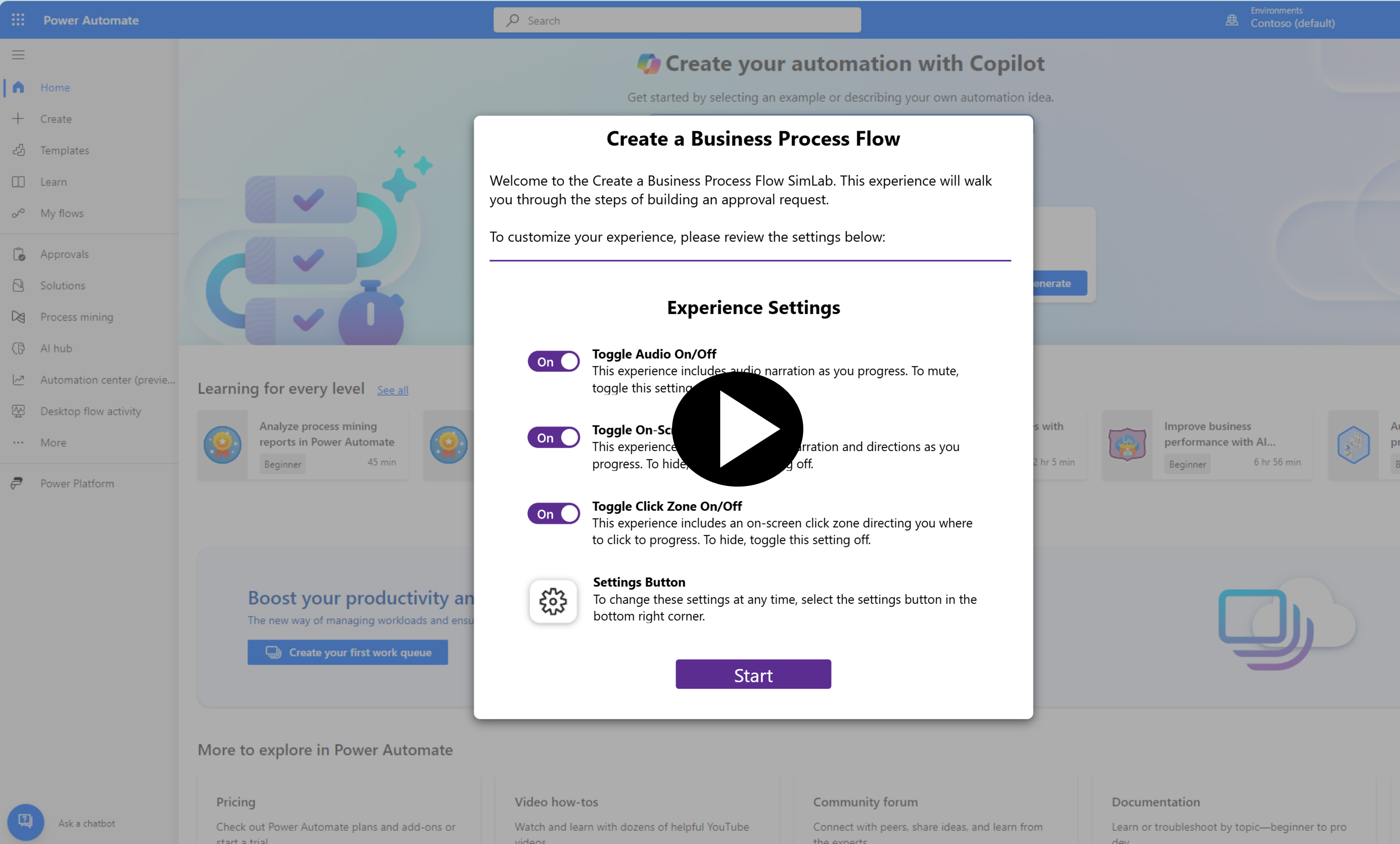 Screenshot of the simulation page business process flow.