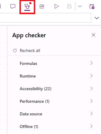 Screenshot of issues identified by App checker.