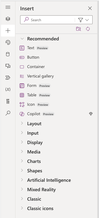 Screenshot showing List of modern controls available in Power Apps.