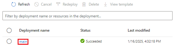 Screenshot of the Azure portal interface for the deployments, with the one deployment listed and a succeeded status.