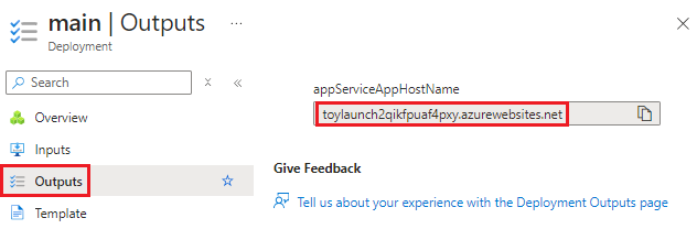 Screenshot of the Azure portal interface for the specific deployment's outputs.