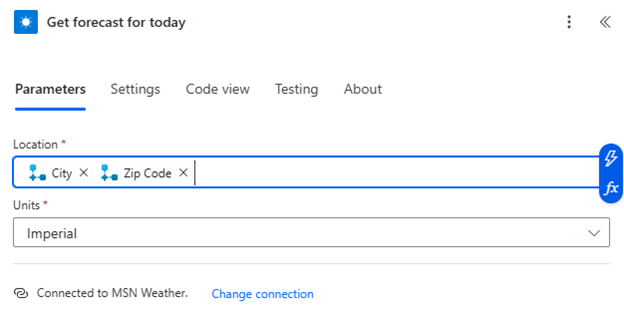 Screenshot showing configuring the get forecast action.