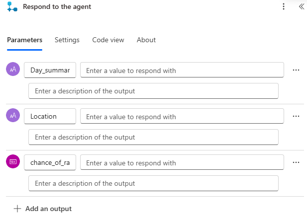 Screenshot showing how to configure the output parameters on the respond to agent action.