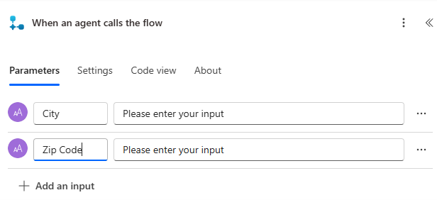 Screenshot showing input parameters for the flow.