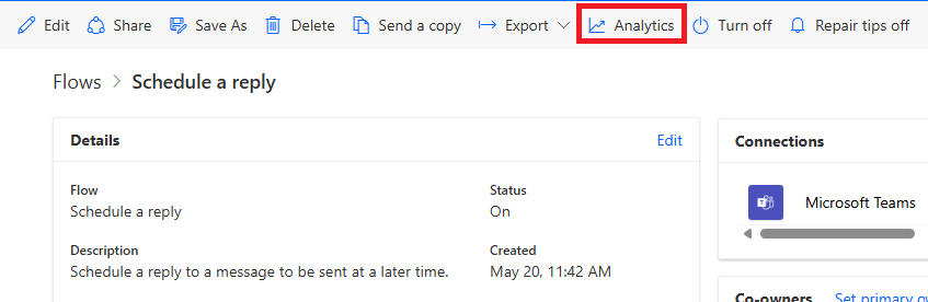 Screenshot of the flow details page with the **Analytics** icon.