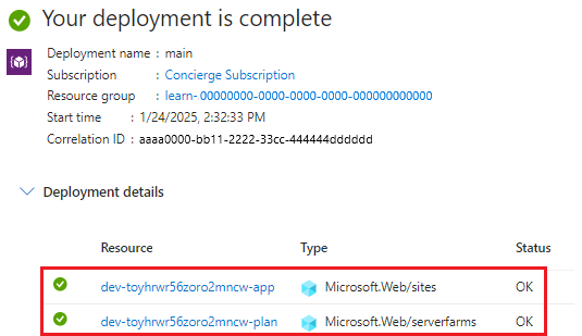 Screenshot of the Azure portal interface for the specific deployment, with an App Service plan and app listed.