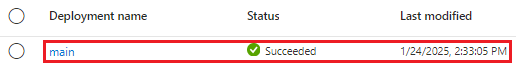 Screenshot of the Azure portal interface for the deployments, with the one deployment listed and a succeeded status.
