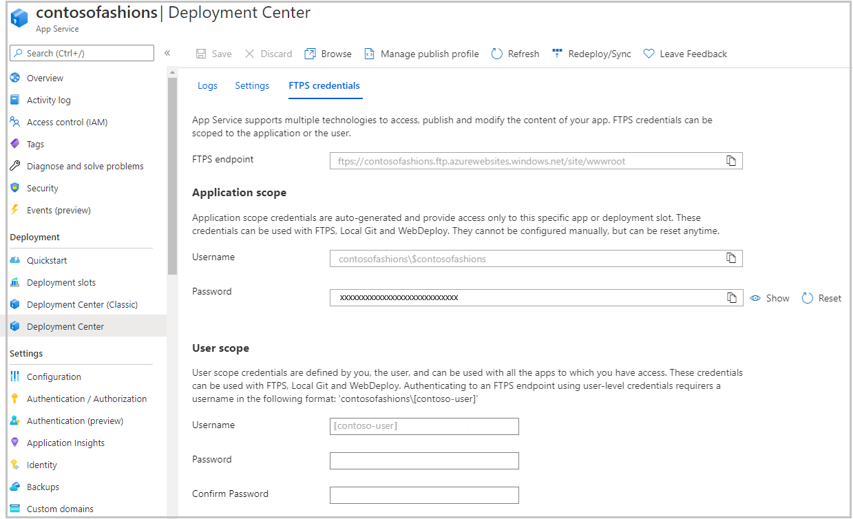 Screenshot of the App Service Deployment Center pane showing FTPS credentials tab.