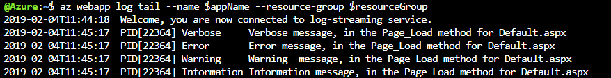 Screenshot of Azure portal live log stream pane showing output from the asp logs container.