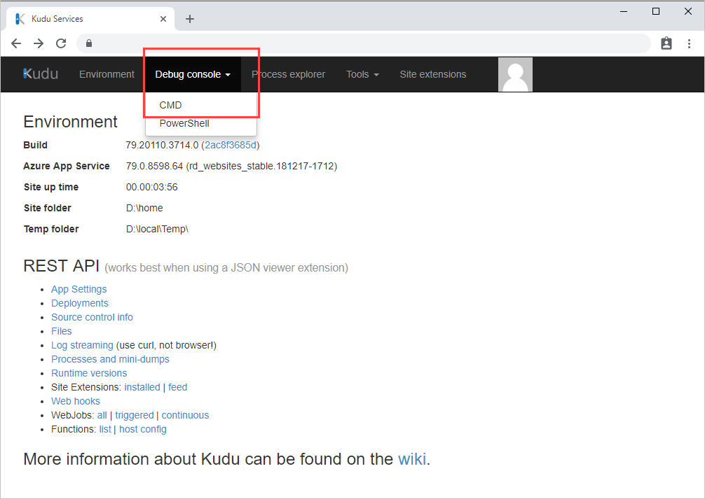 Screenshot of Kudu's environment page with a callout highlighting the Debug Console cmd menu option.