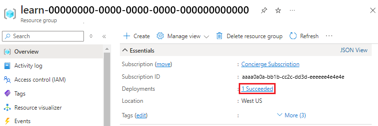 Screenshot of the Azure portal interface for the resource group overview, with the deployments section showing that one succeeded.