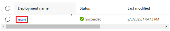 Screenshot of the Azure portal interface for the deployments, with the one deployment listed and a succeeded status.