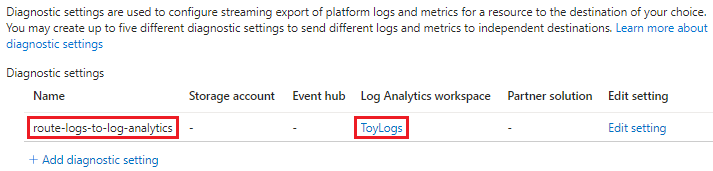 Screenshot that shows the diagnostic settings.
