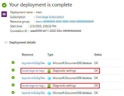 Screenshot of the Azure portal interface for the specific deployment. It shows the Azure Cosmos DB resources and two resources of type Microsoft.Insights/diagnosticSettings.