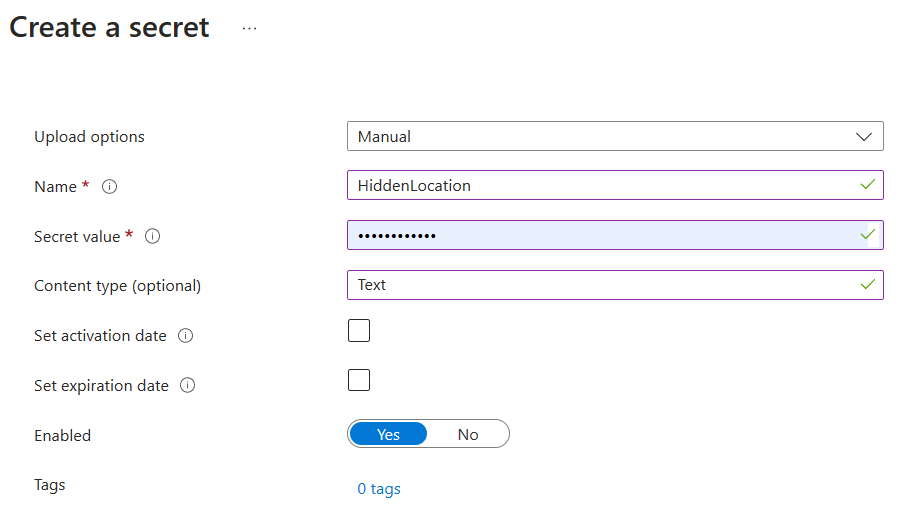 Screenshot showing the Create a secret pane in the Azure portal for Azure Key Vault.