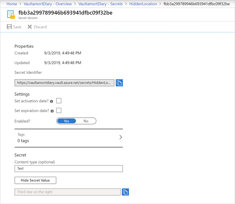 Screenshot showing the secret value in the Azure portal.