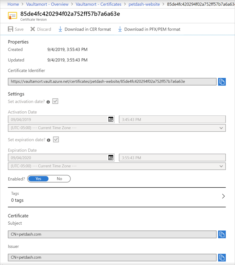 Screenshot showing the certificate properties in the Azure portal.