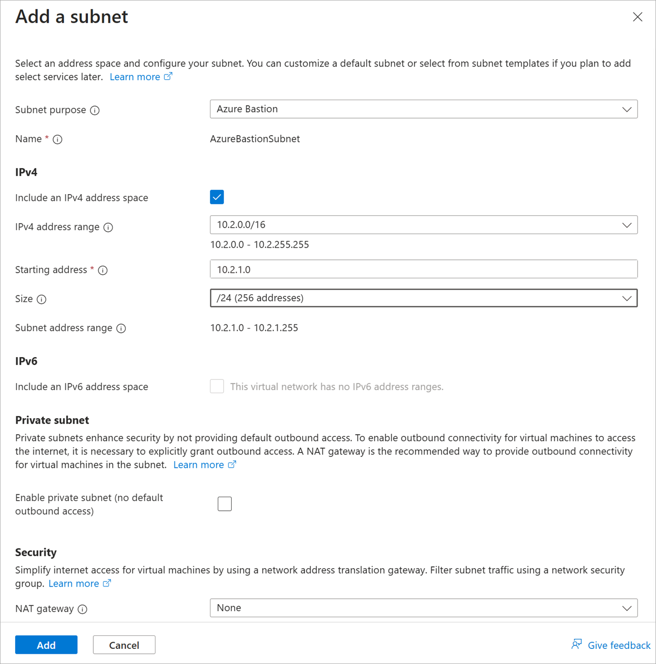 Screenshot of the Add subnet page where the subnet name is AzureBastionSubnet.