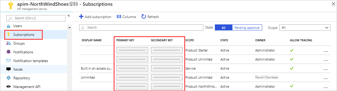 Screenshot of subscription keys in the Azure portal.