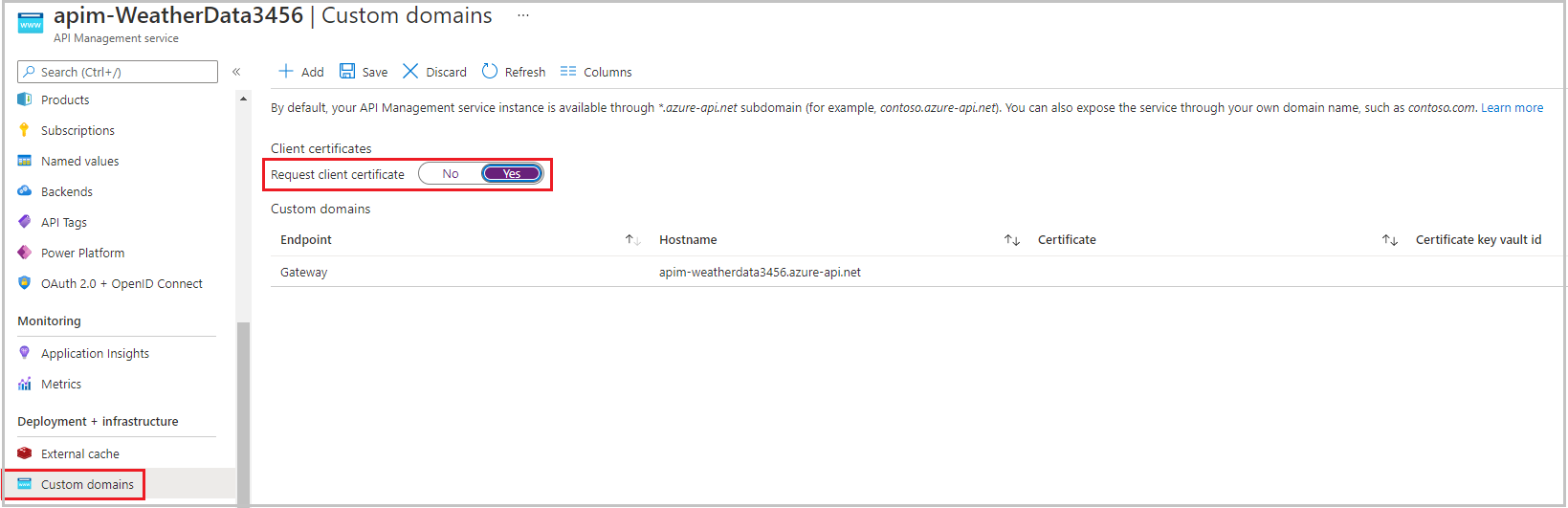 Screenshot of configuring the gateway to request certificates.