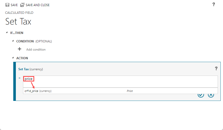 Screenshot of action formula field with 'price' entered and the resulting column name highlighted.
