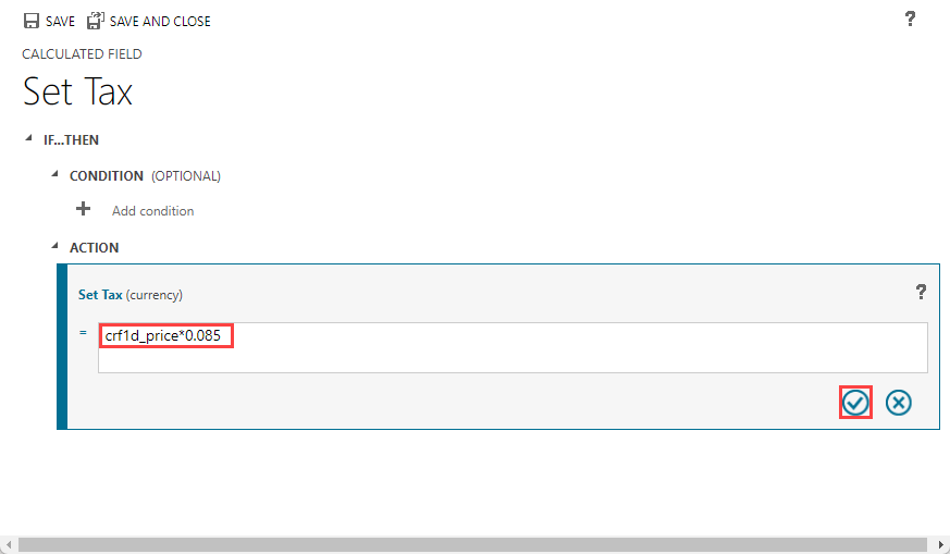 Screenshot of tax calculation with .085 with check mark button to complete calculation.