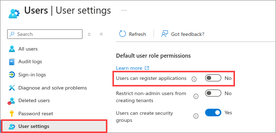 Screenshot that shows Microsoft Entra users with app registrations set to No.