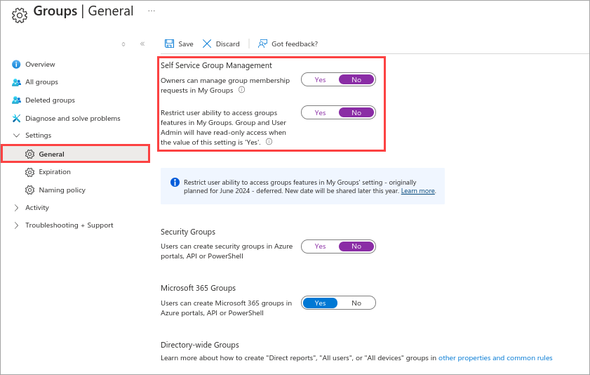 Screenshot that shows Microsoft Entra self-service group options set to No.