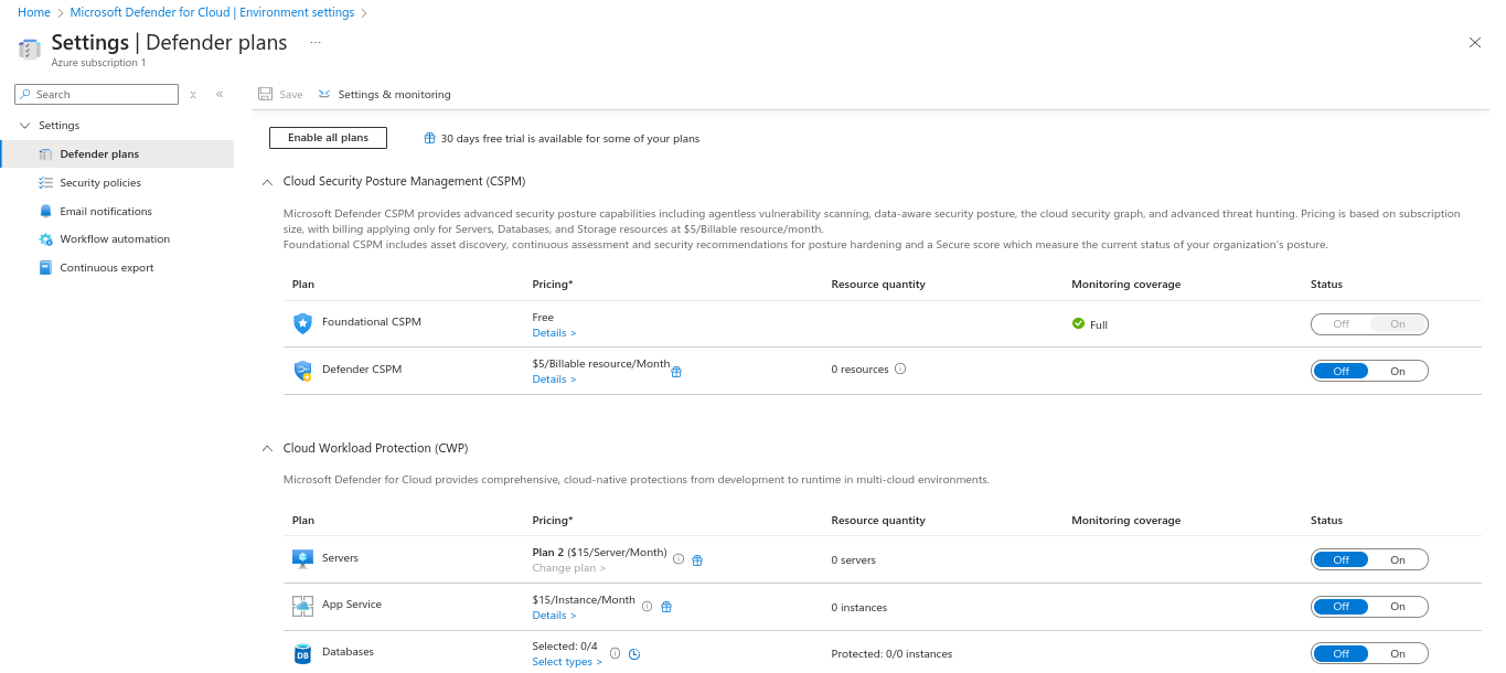 Screenshot that shows the built-in security policies for Defender for Cloud.