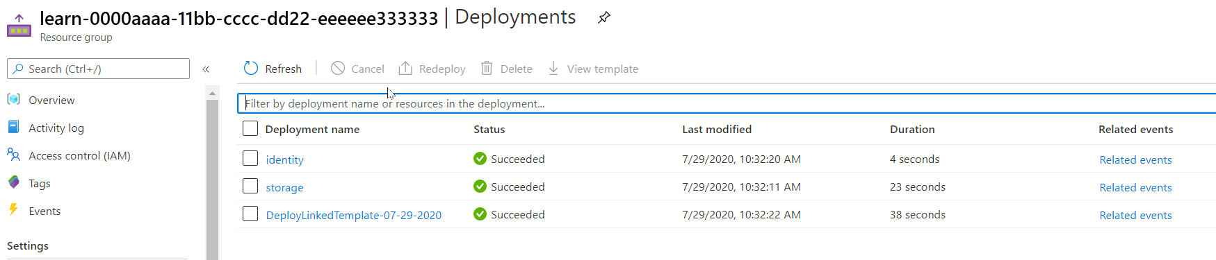 Azure portal interface for the specific deployment with no resources listed.