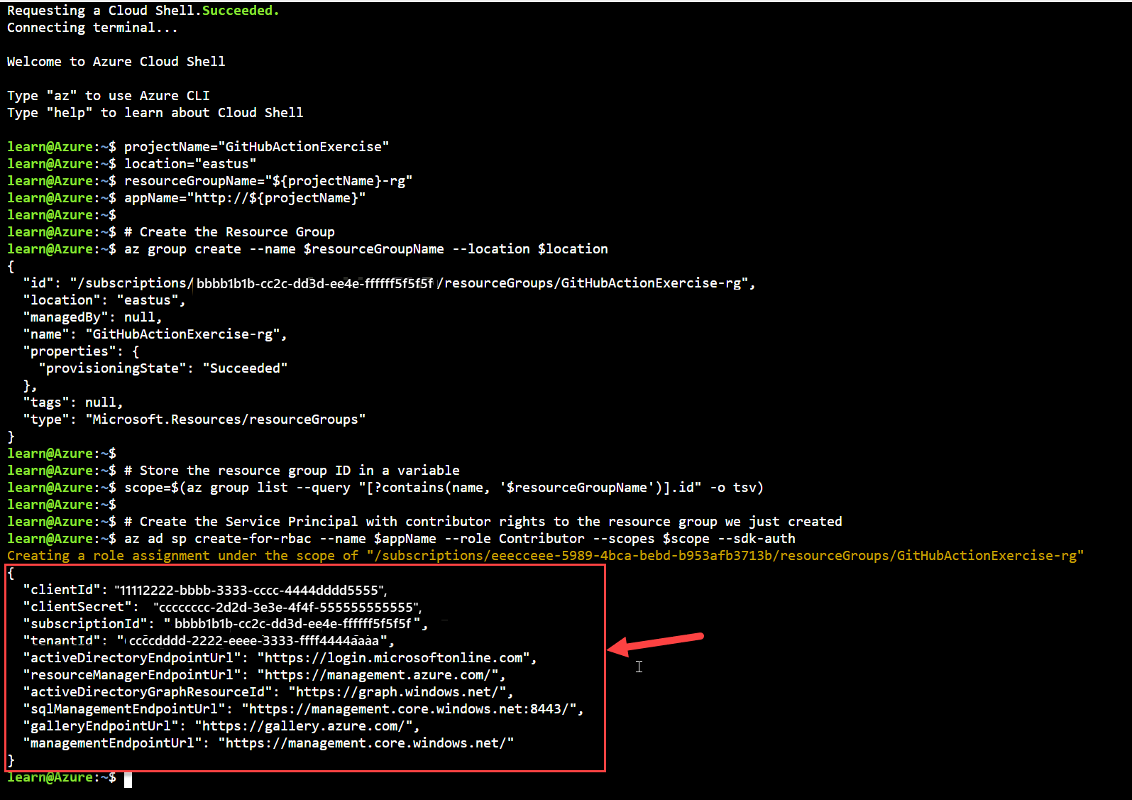Screenshot that shows results for creating a service principal in Azure.