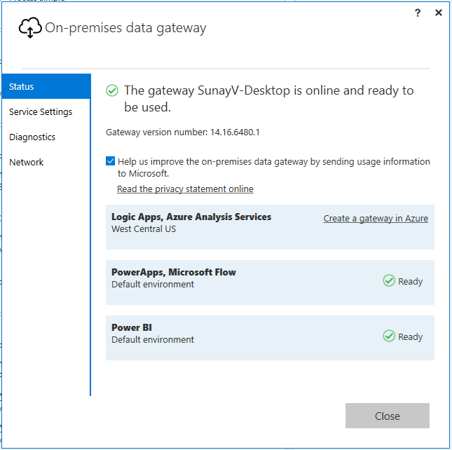 Screenshot of an on-premises gateway with connection to Power Apps and Power BI.