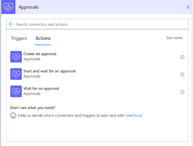 Screenshot of the **Add an action** screen listing the four types of approval actions.