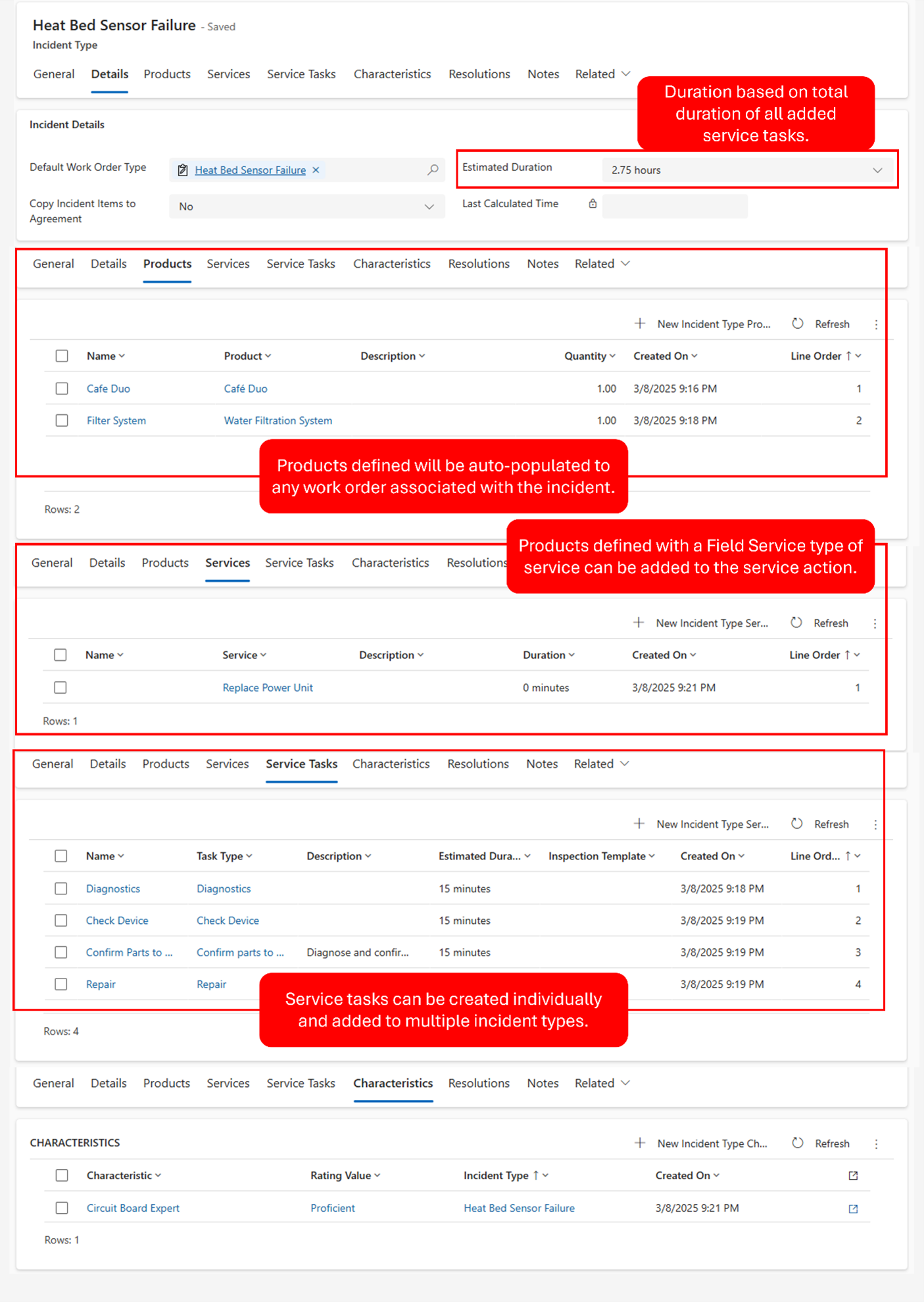 Screenshot of Field Service complete incident type.