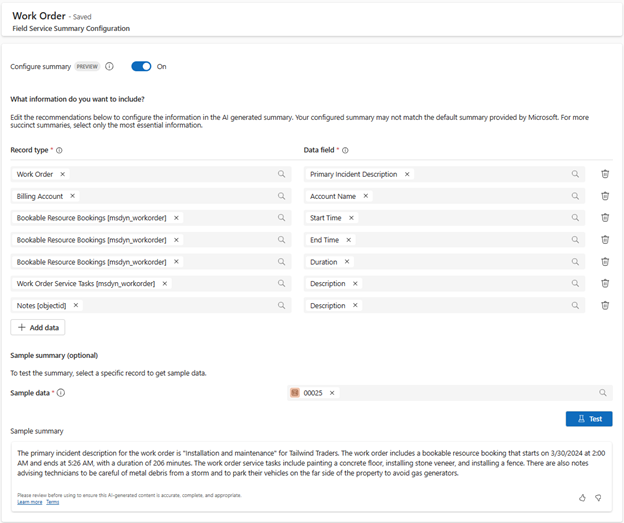 Screenshot showing the configured summary.