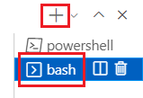 Screenshot of the Visual Studio Code terminal window. The bash terminal and the plus sign are highlighted.