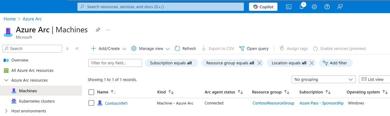 A screenshot of the Azure portal displaying the entry representing an Azure Arc-enabled Windows server.