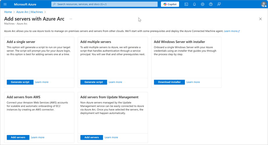 Screenshot that depicts the multiple options to onboard to Azure Arc-enabled servers for single server, multiple servers, and update management