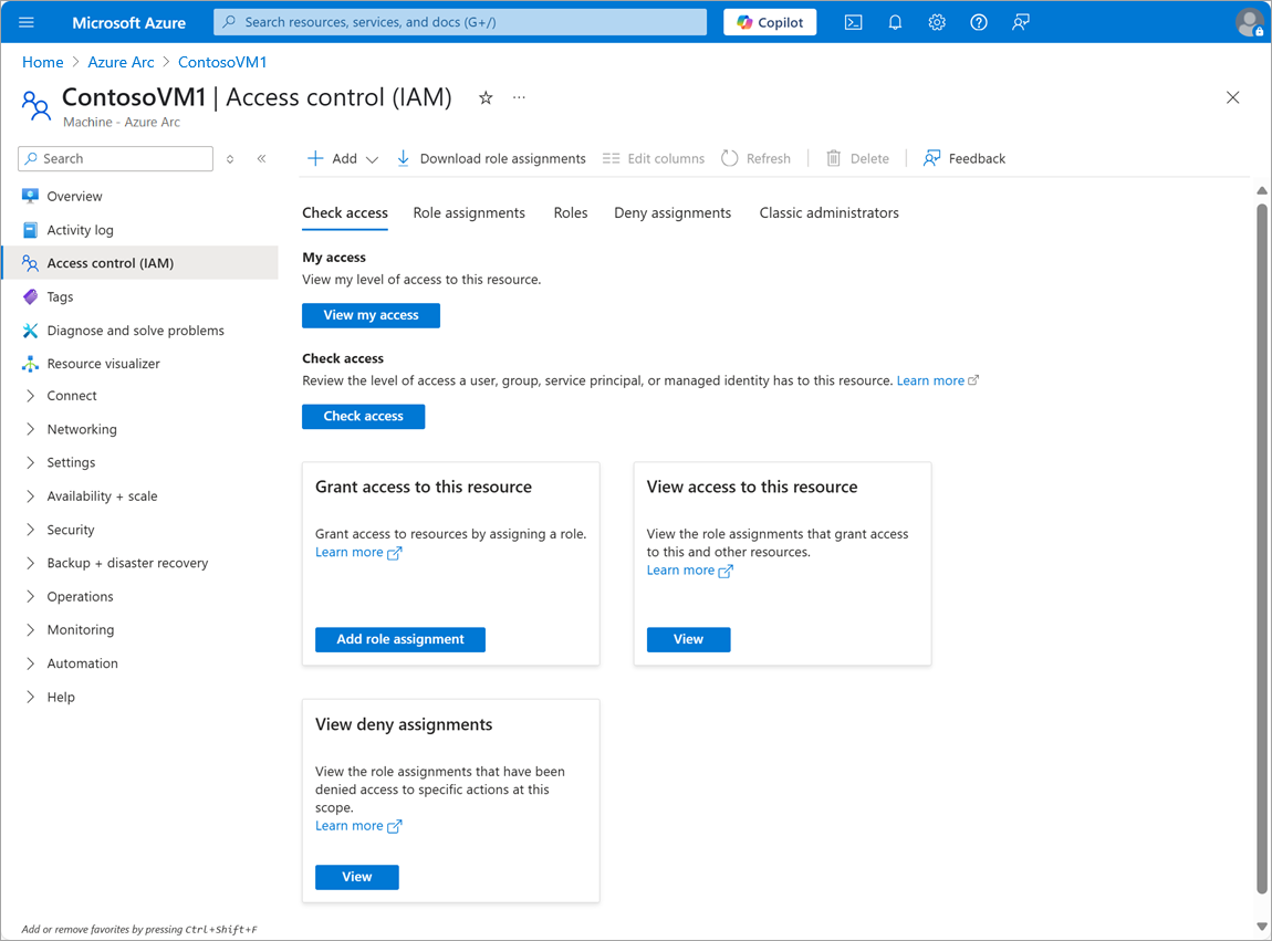 Screenshot of the Access control (IAM) page in the Azure portal for the selected VM, ContosoVM1.